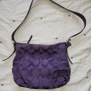 Coach East West Deep Purple Canvas Bag Crossbody with Leather Strap.